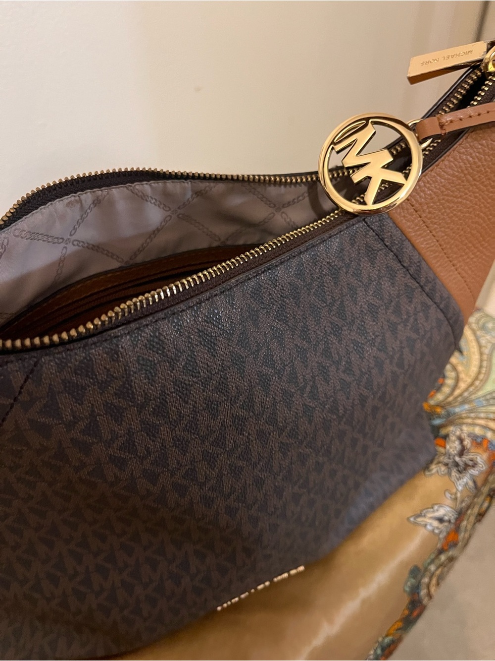 Michael Kors Brown Logo Hobo Bag with Tan Leather Trim and Matching Wallet - Picture 4 of 10